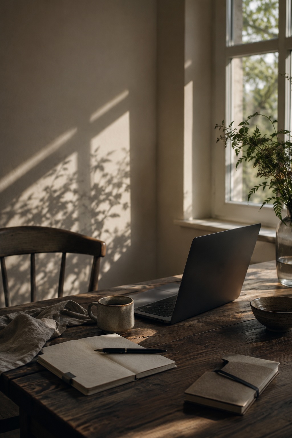 Arbeitsplatz mit Laptop und Kaffeetasse
