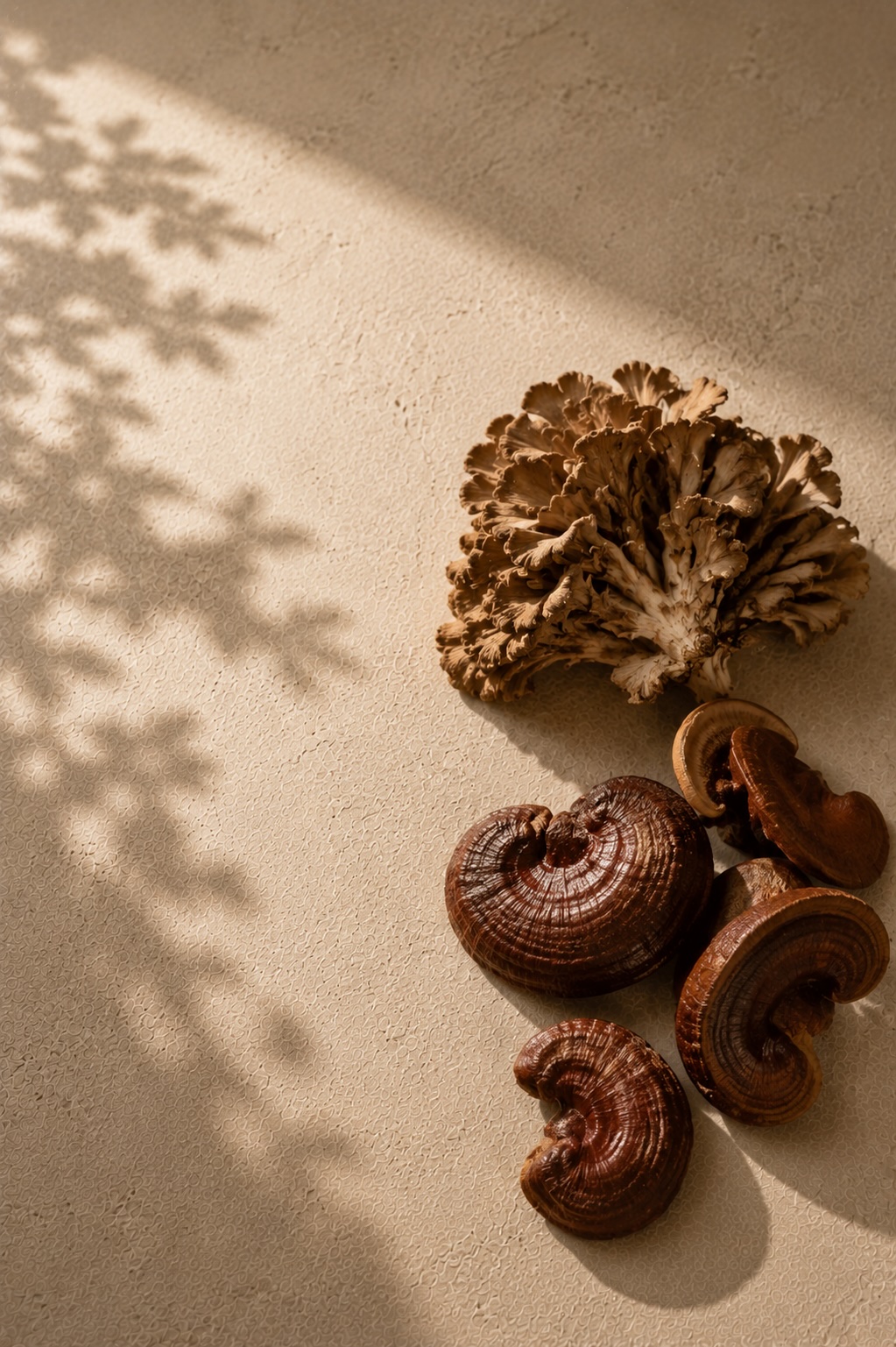 Reishi- und Maitake-Vitalpilze im warmen Licht