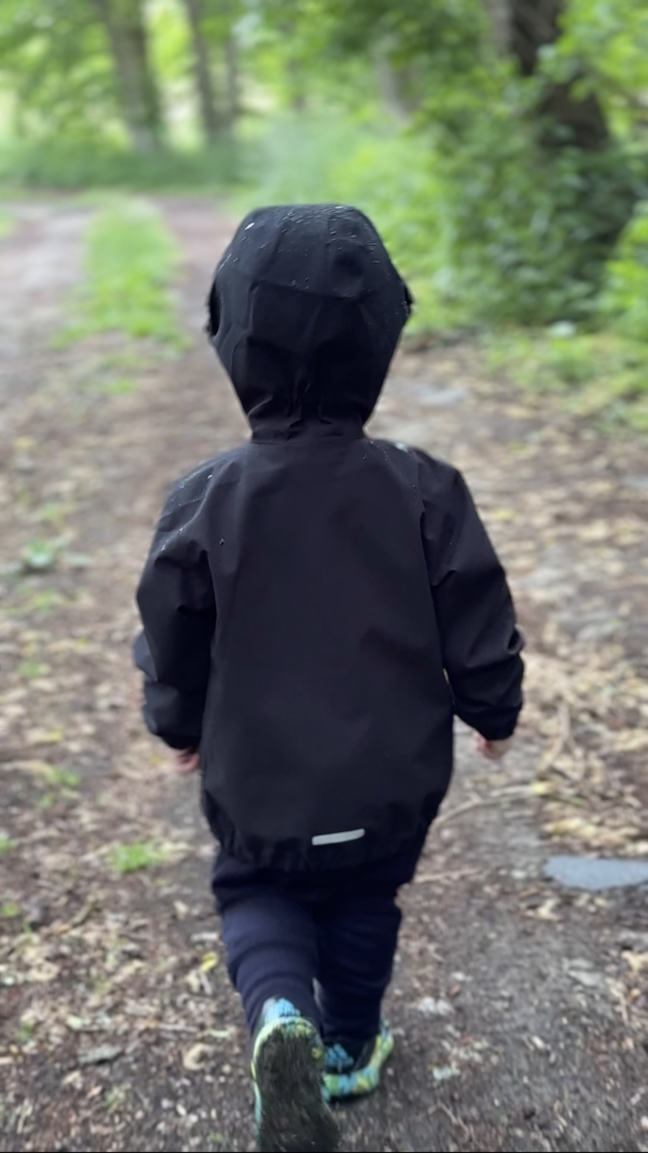 Kind in wasserdichter Regenkleidung auf einem Waldweg